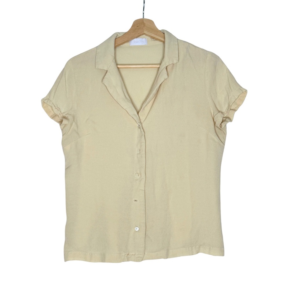 Isalis Button-Front Blouse Beige M | Short Sleeve Collared Top